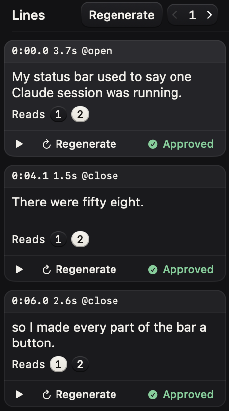 The Lines panel in StageMaster: three spoken lines with their timing, two reads of each, and each one approved.