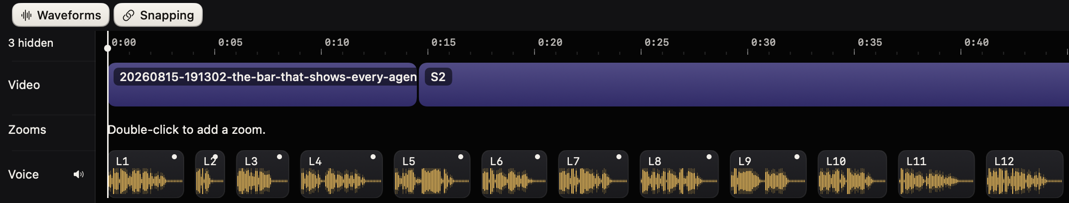 The StageMaster timeline: the screen recording on the video track, and the spoken lines L1 to L12 as voice waveforms below it.