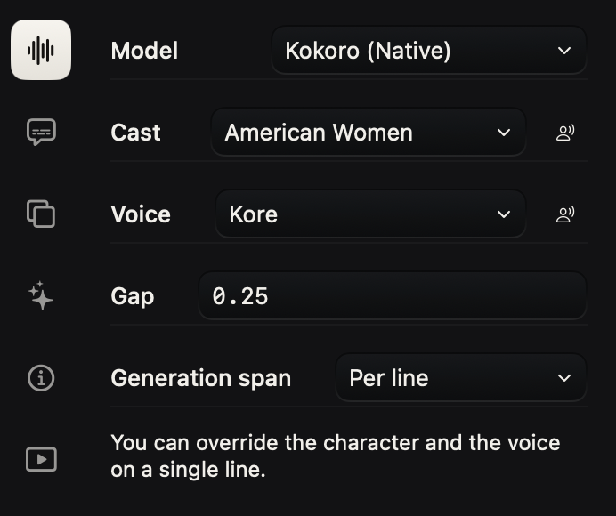 The voice settings in StageMaster: the Kokoro model running on the Mac, a cast, the voice Kore, the gap between lines, and one generation per line.